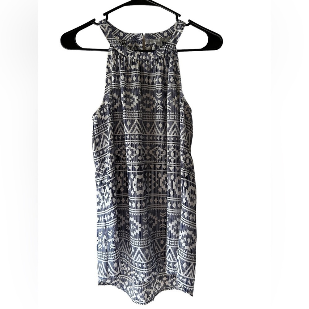 Daniel Rainn Sleeveless Geometric Halter Blouse S Blue White Keyhole Top